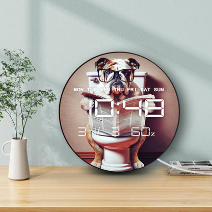 English Bulldog Reading Newspaper On Toilet Electric Wall Clock with Jumbo Numbers Multifunctional LED Digital Wall Clock Timer