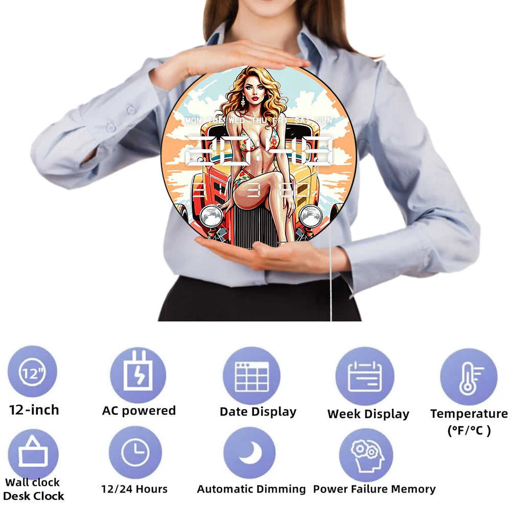 Retro Old Hotrod Classic Car with Sexy Girl LED Digital Wall Clock with Timer Date Temperature Mancave Grage Electric Wall Clock