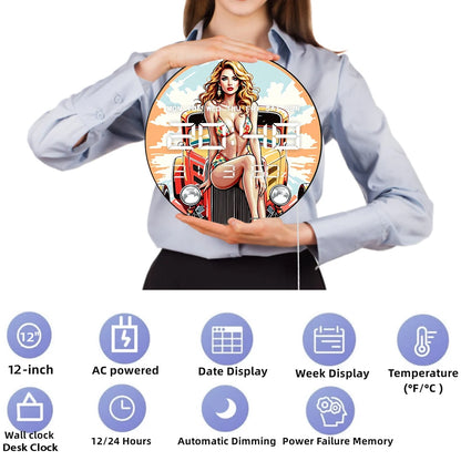 Retro Old Hotrod Classic Car with Sexy Girl LED Digital Wall Clock with Timer Date Temperature Mancave Grage Electric Wall Clock