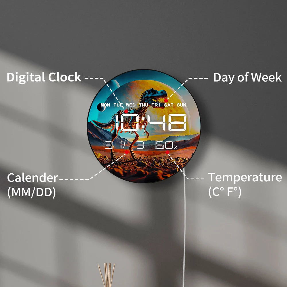 Skeleton T-rex Dinosaur Electronic Wall Clock with Calendar Date Temperature 12/24Hour Timer LED Auto Dimming Digital Wall Clock