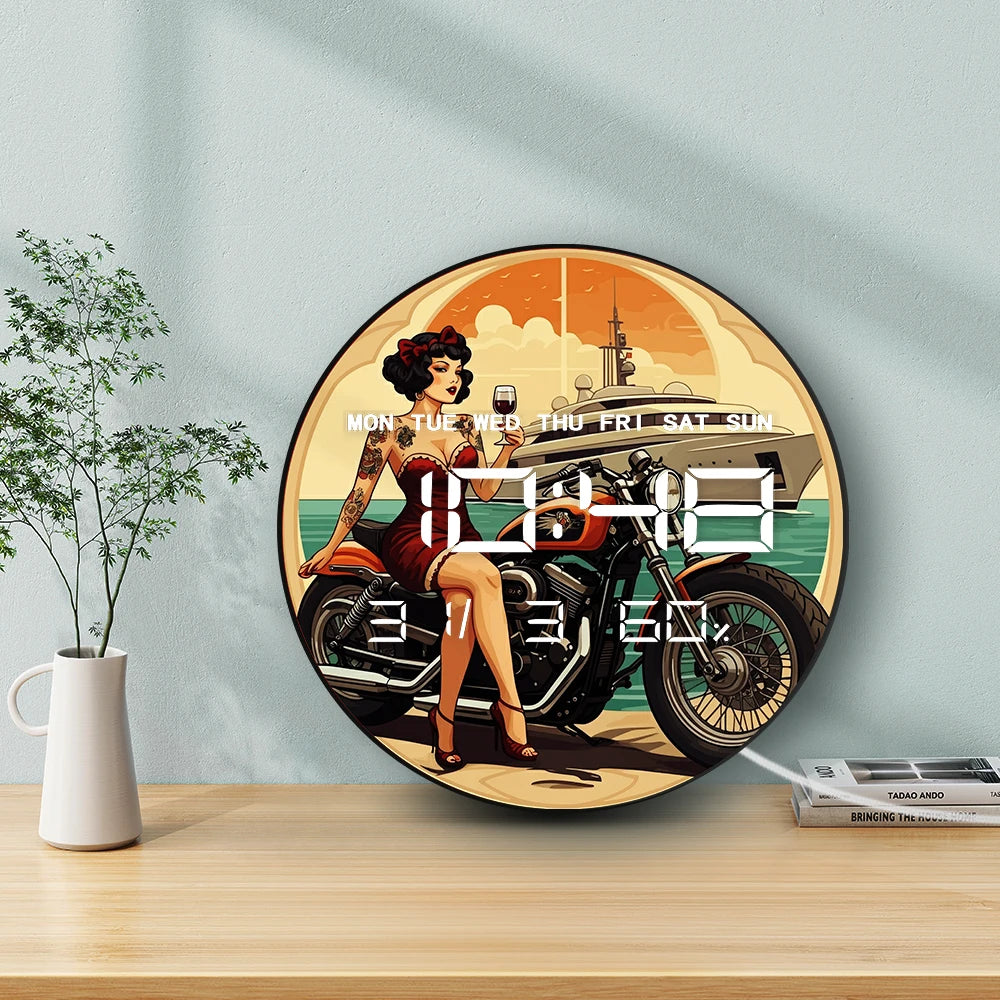 Pinup Style Tattoo Lady with Motorcycle LED Digital Wall Clock Big Display Electronic Wall Clock with Temperature Calendar Date