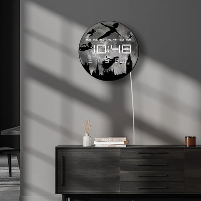 Big Full Moon Flying Over London LED Digital Wall Clock For Nursery Kid Room Neverland Fairy Tale Home Decor Electric Wall Clock