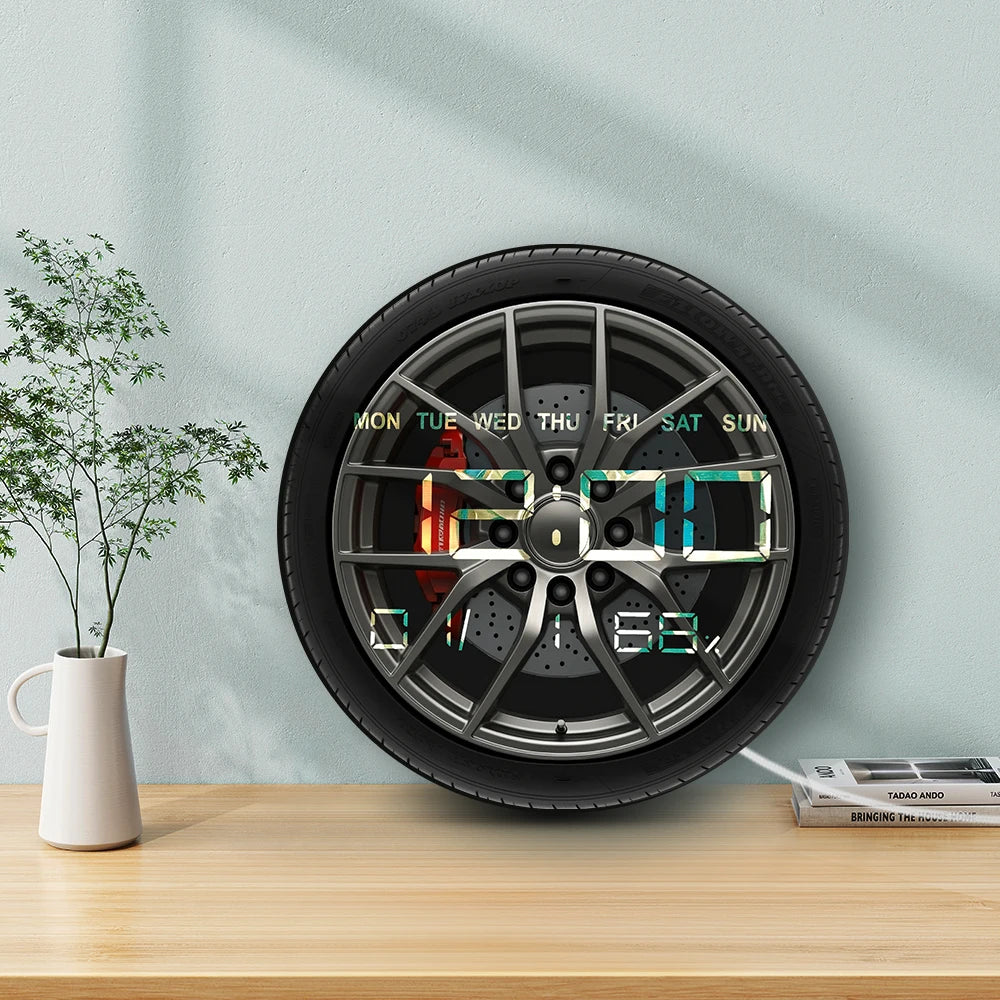 Car Wheel Digital Wall Clock with Timer Date Temperature Display Car Tire Large Numeric Display Electronic Wall Clock For Garage