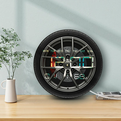 Car Wheel Digital Wall Clock with Timer Date Temperature Display Car Tire Large Numeric Display Electronic Wall Clock For Garage