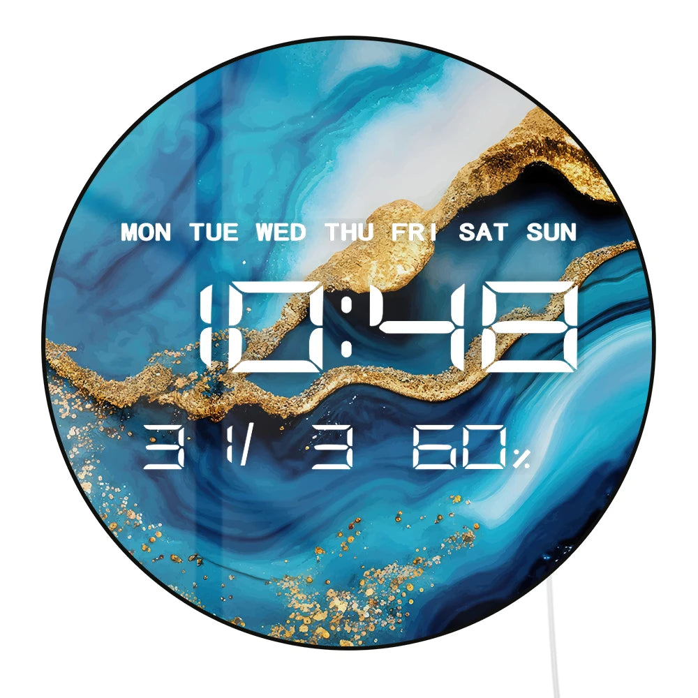 Luxury Marble Blue Paint Printed LED Digital Wall Clock Abstract Art Home Decor Watch Electronic Wall Clock Large Number Display
