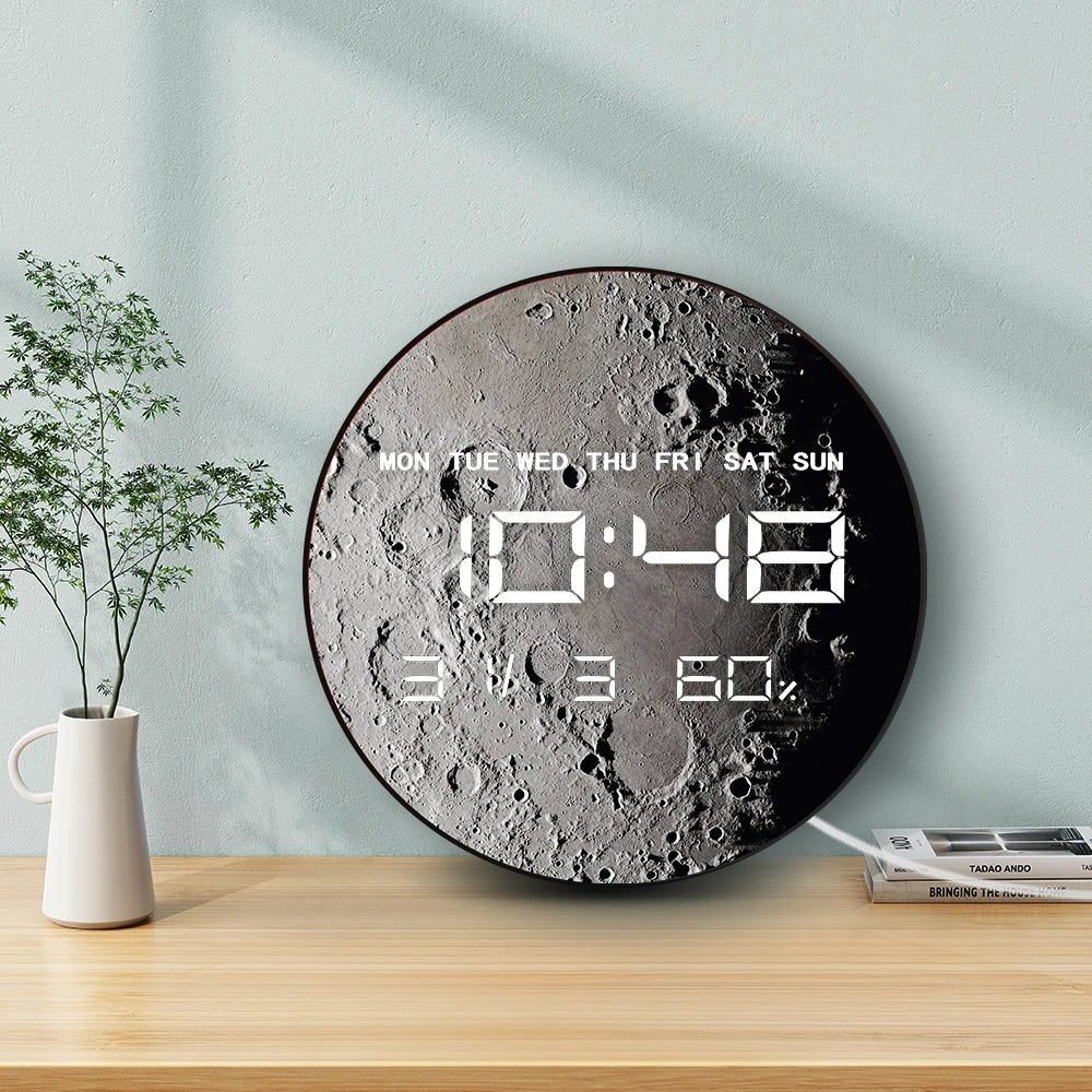 Moon Surface Planet LED Digital Wall Clock with Calendar Date Temperature Auto Dimming 12/24hour Format Electronic Wall Clock