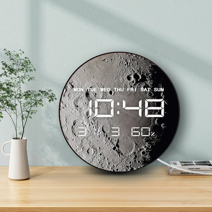 Moon Surface Planet LED Digital Wall Clock with Calendar Date Temperature Auto Dimming 12/24hour Format Electronic Wall Clock