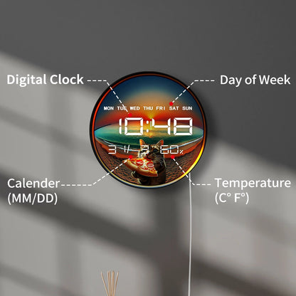 Cat Eating Pizza Electronic Wall Clock with Temperature Humidity Calendar Date Large Display LED Auto Dimming Digital Wall Clock