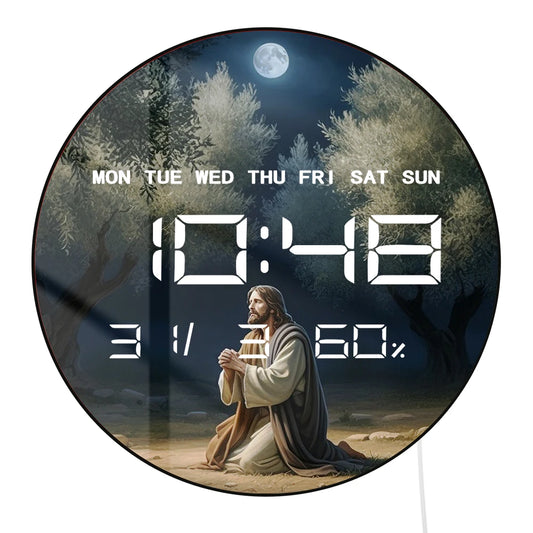 Jesus Praying in Garden of Gethsemane LED Digital Wall Clock with Calendar Date Temperature Auto Dimming 12/24hr Electric Clock