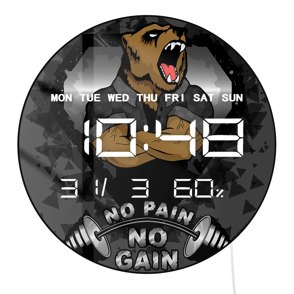 No Pain No Gain GYM LED Auto Dimming Wall Clock with Temperature Humidity Date Digital Calendar Large Display Electronic Clock