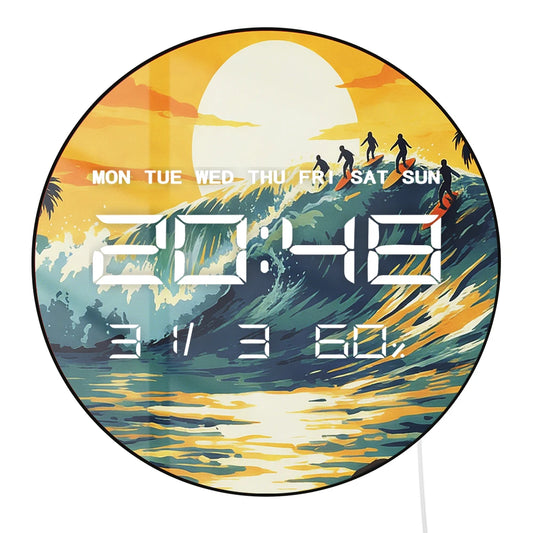 Sunset Surfing Auto Dimming LED Digital Wall Clock with Date Calendar Temperature Seaside Beach Home Decor Electronic Wall Clock