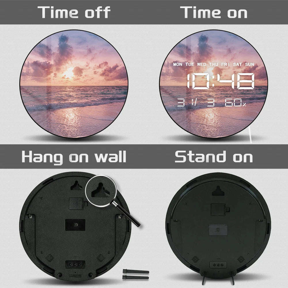 Sea Sand Beach Landscape LED Digital Wall Clock Tropical Seascape Sunset Sky Sunlight Large Number Wall Desk Use Electric Clock