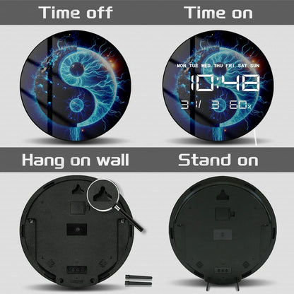 Blue Yin and Yang Sign LED Digital Wall Clock Chinese Philosophy Symbol Spiritual Home Large Number Display Electric Wall Clock