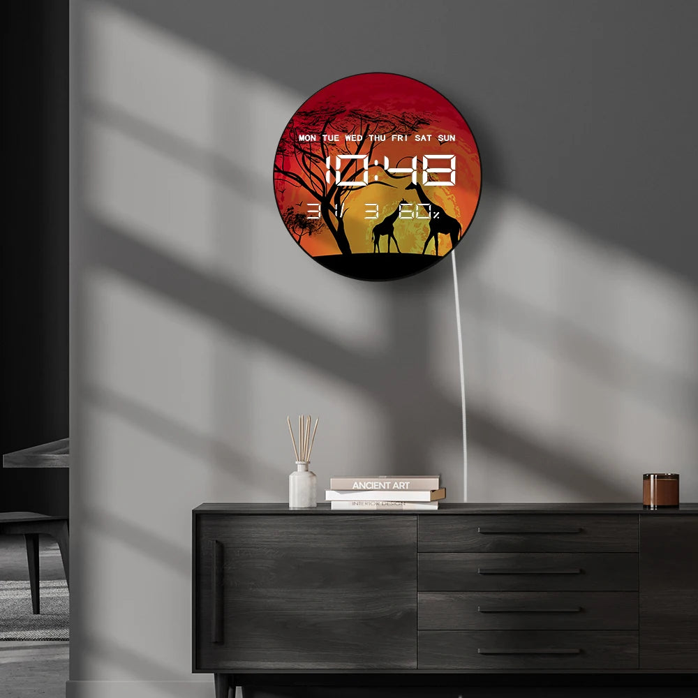 Giraffe Savannah LED Digital Wall Clock African Sunset Wildlife Animals Safari Landscape Electronic Numeric Clock Wall Desk Use