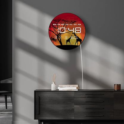 Giraffe Savannah LED Digital Wall Clock African Sunset Wildlife Animals Safari Landscape Electronic Numeric Clock Wall Desk Use