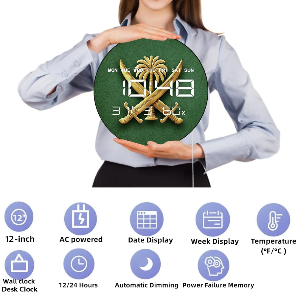 Coat of Arms LED Digital Wall Clock Saudi Arabia Flag Shield Electronic Wall Clock Large Numeric Display Patriotic Home Decor