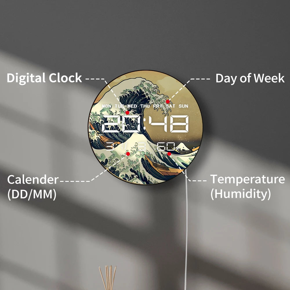 The Great Wave Large Electronic Wall Clock Retro Japanese Home Decor LED Digital Wall Clock Timer with Temperature Calendar Date