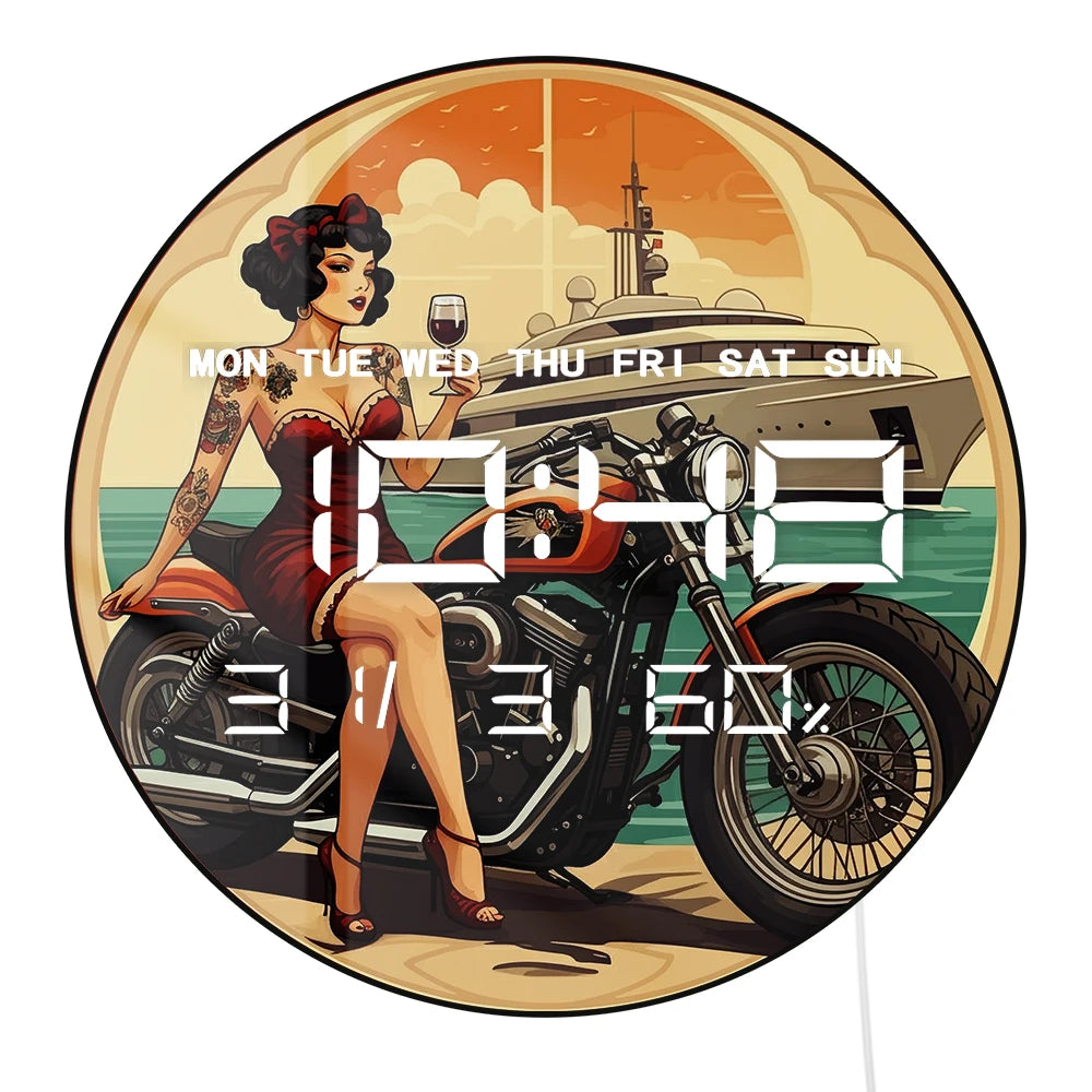 Pinup Style Tattoo Lady with Motorcycle LED Digital Wall Clock Big Display Electronic Wall Clock with Temperature Calendar Date