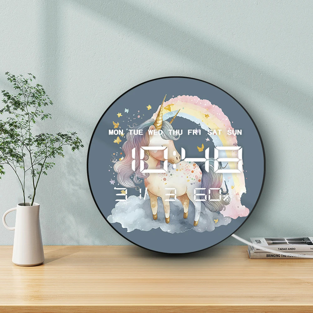 Rainbow Unicorn Modern Electronic Wall Clock Large Numeric Display For Girls Nursery Room Fantasy Home Decor Digital Wall Clock