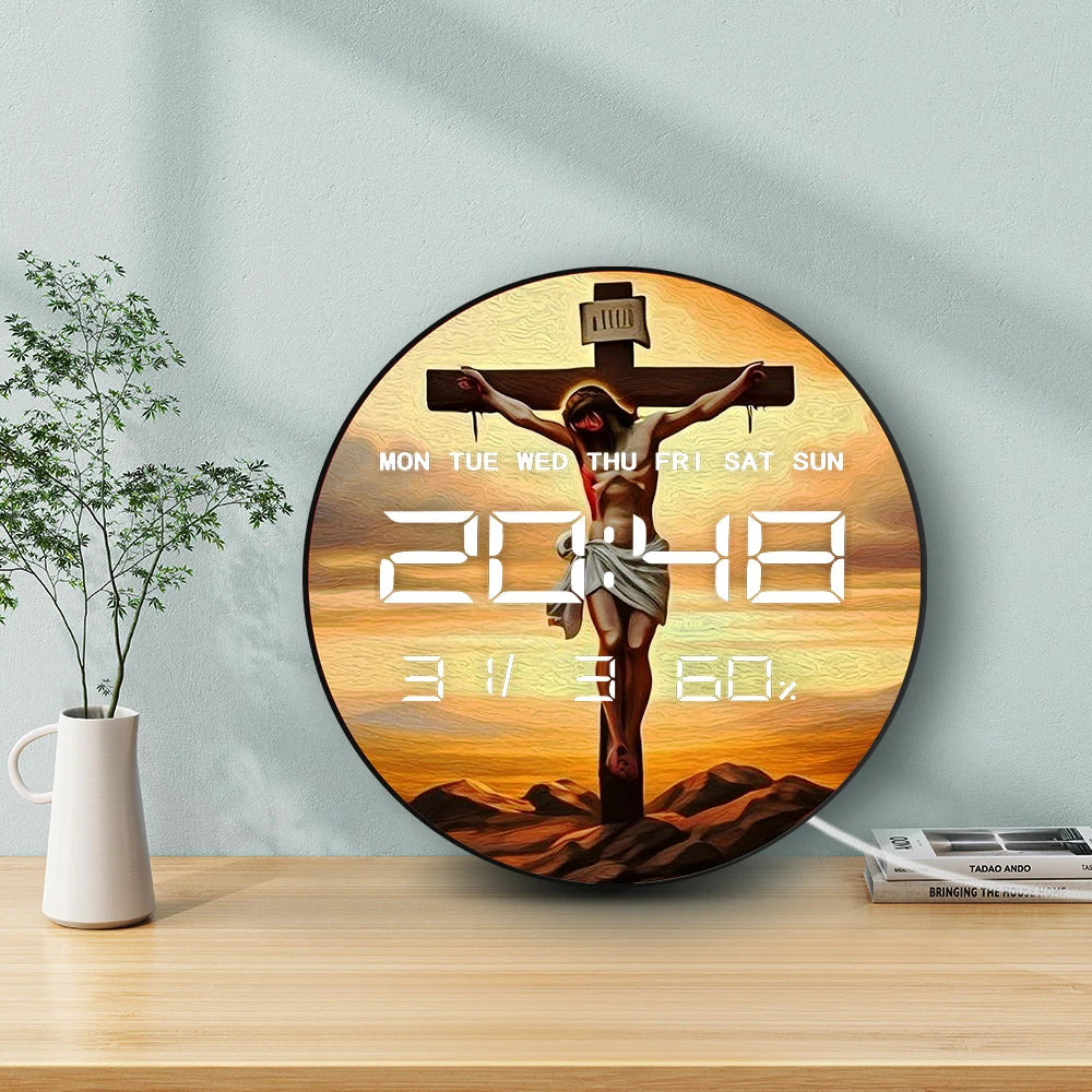Jesus on Cross in Galgultha 12/24 Hour Electronic Wall Clock Religious Christian Home Decor Auto Dimming LED Digital Clock Timer