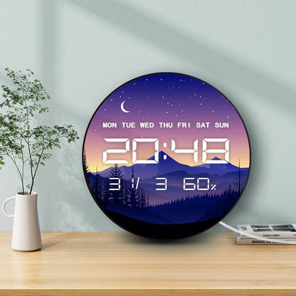 Mountain Forest Night Landscape LED Digital Wall Clock Timer Crescent Starry Sky Multifunctional 12/24hr Electronic Wall Clock