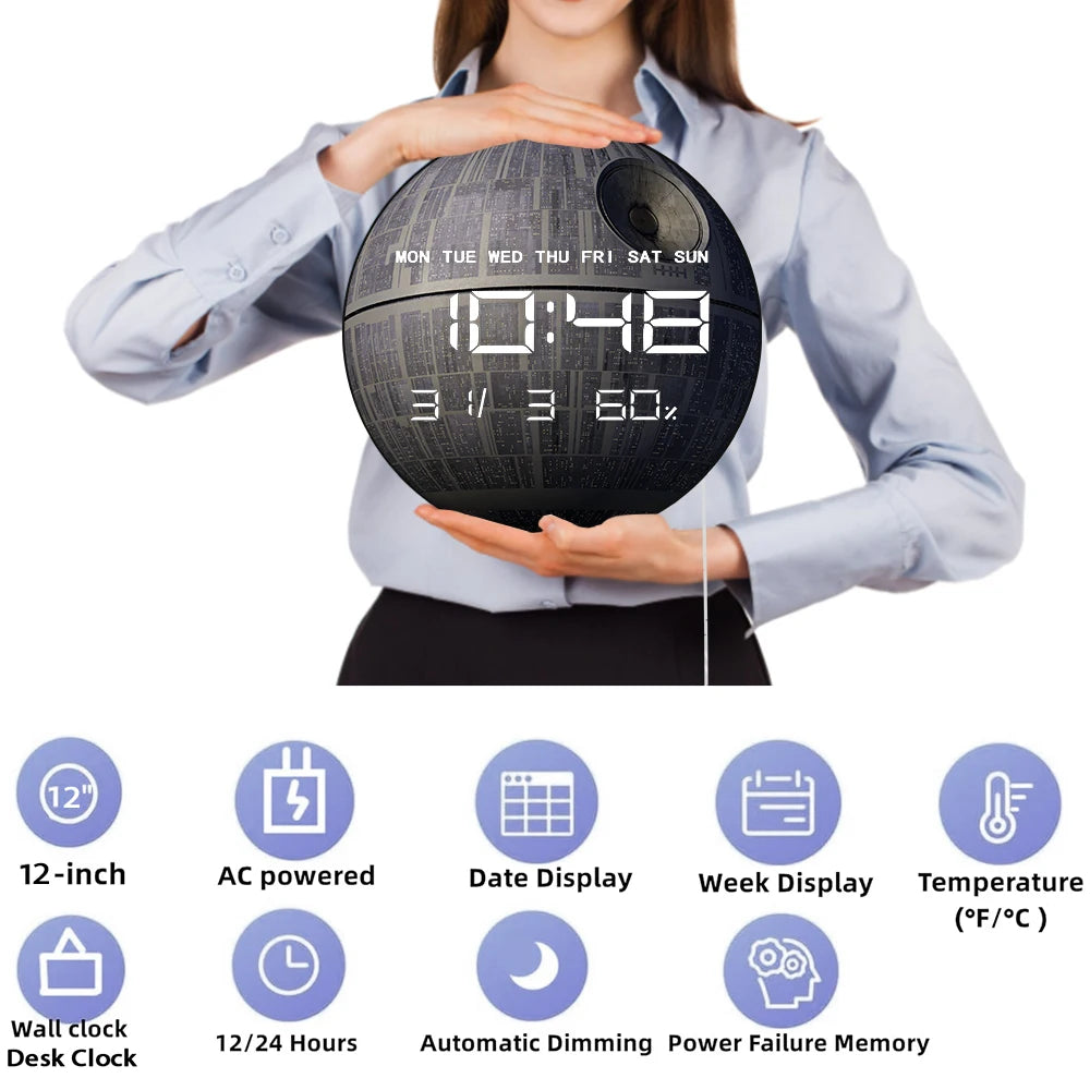 Death Star LED Digital Wall Clock Large Display for Living Room Sci-Fi Landscape Art Home Decor Timepieces Electronic Wall Clock