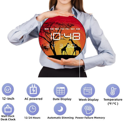 Giraffe Savannah LED Digital Wall Clock African Sunset Wildlife Animals Safari Landscape Electronic Numeric Clock Wall Desk Use