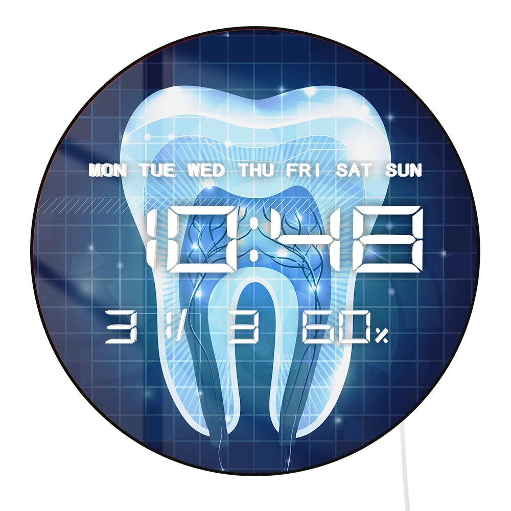 Tooth Anatomy LED Digital Wall Clock for Dental Office Dentistry Artwork 12/24hr Electronic Clock with Temperature Humidity Date