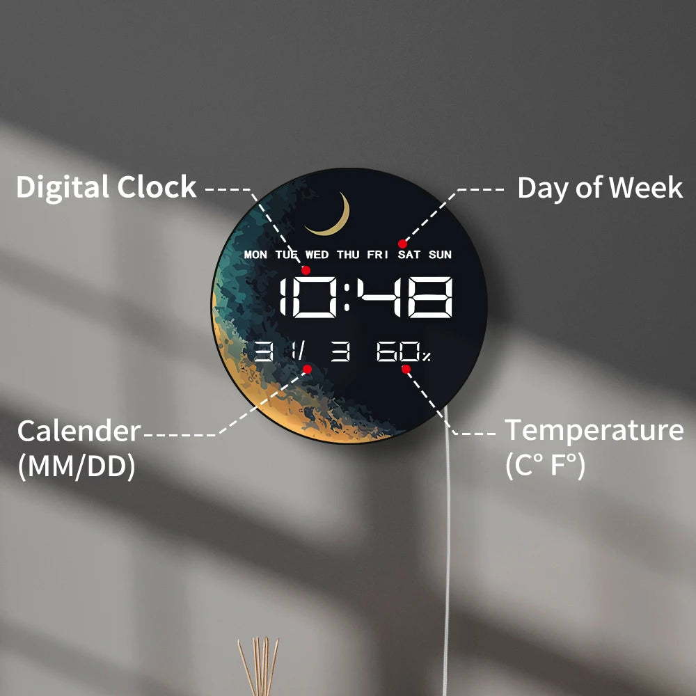 Planet with Moon Electronic Clock Wall Desk Use Moonlight Home Decor Digital Wall Clock with LED Display Calendar Temperature