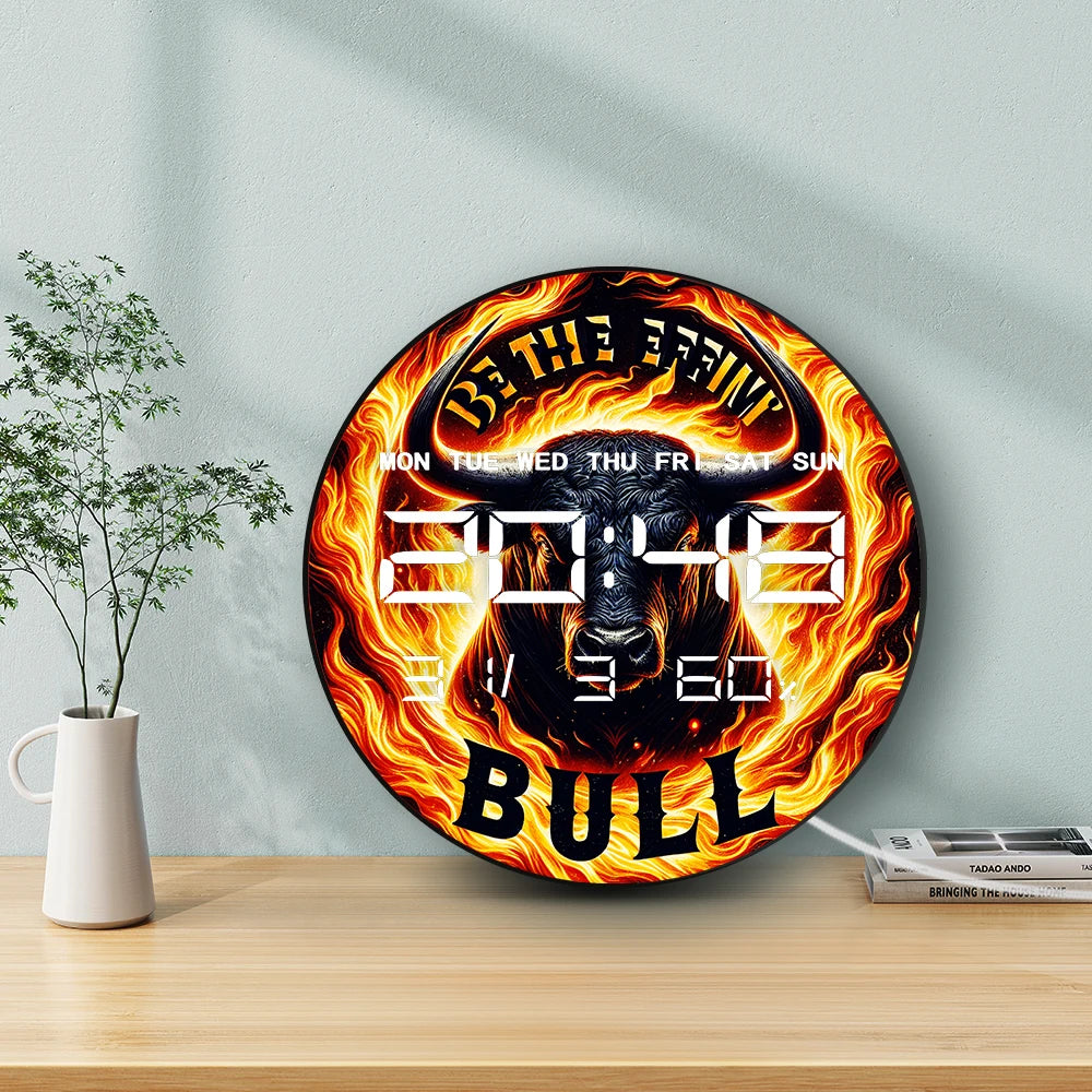 Fiery Bull with Flame Electronic Wall Clock Big LED Digital Wall Clock with Calendar Date Temperature Majestic Animal Home Decor