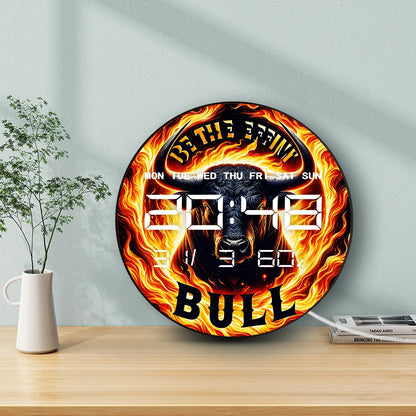 Fiery Bull with Flame Electronic Wall Clock Big LED Digital Wall Clock with Calendar Date Temperature Majestic Animal Home Decor