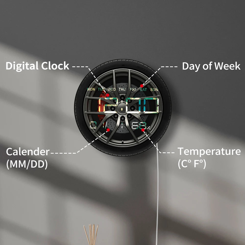 Car Wheel Digital Wall Clock with Timer Date Temperature Display Car Tire Large Numeric Display Electronic Wall Clock For Garage
