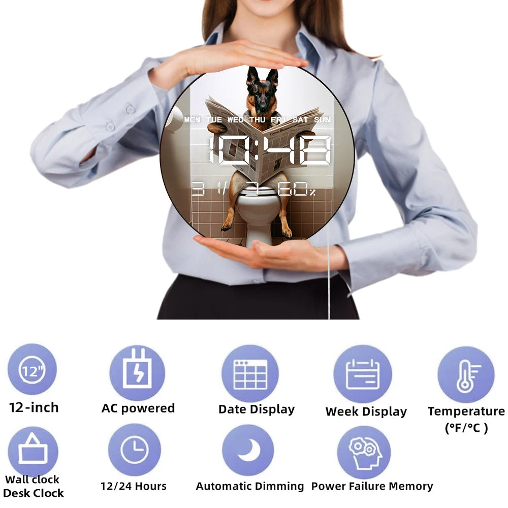 German Shepherd on Toilet Reading Newspaper LED Digital Wall Clock with Calendar Temperature Autom Dimming Electronic Wall Clock