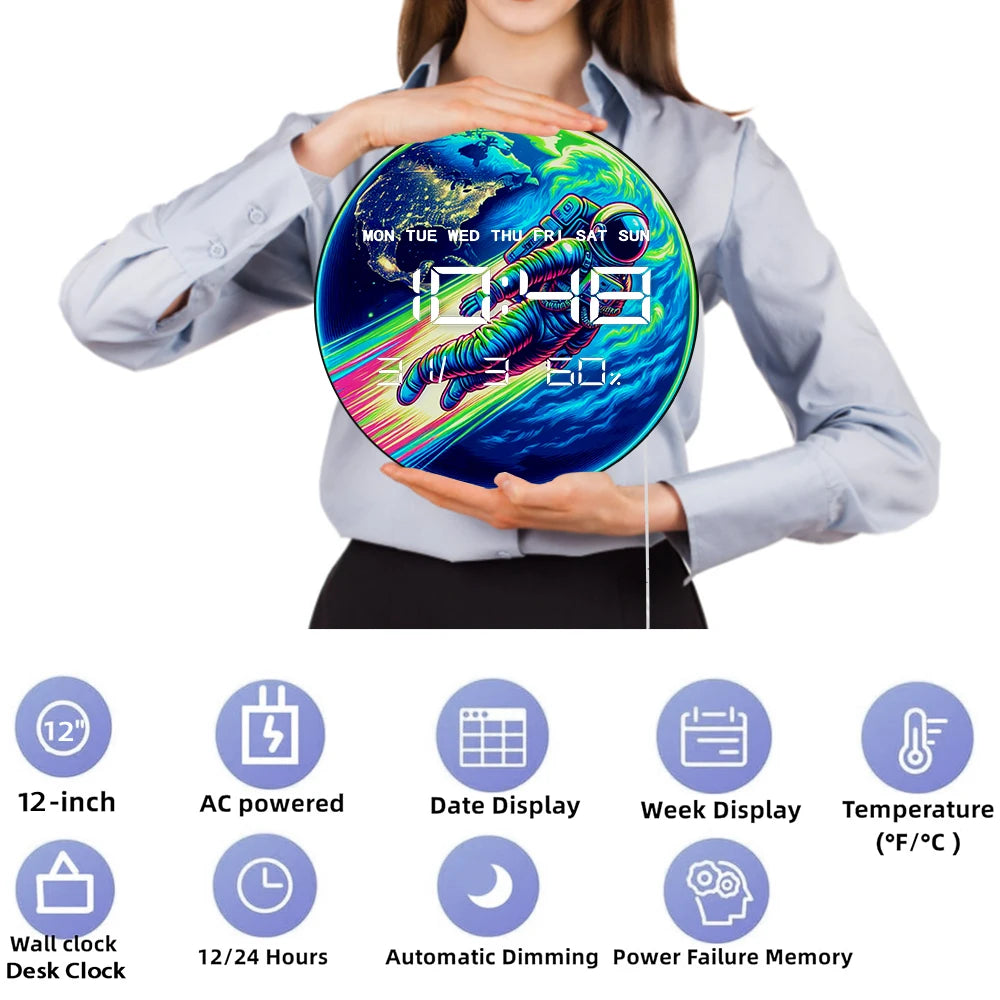 Astronaut Flying Over Earth Planet Electric Wall Clock Large Numeric Display Cartoon Spaceman Home Decor LED Digital Wall Clock