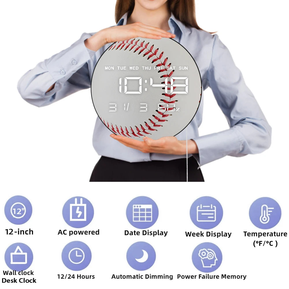 Base Ball Electric Wall Clock Large Numeric Display for for Boy Room Playroom Nursery Sports Home Decor LED Digital Wall Clock