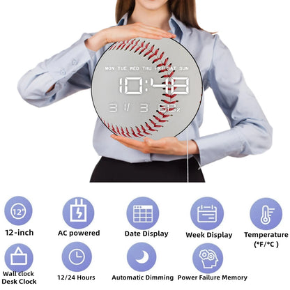 Base Ball Electric Wall Clock Large Numeric Display for for Boy Room Playroom Nursery Sports Home Decor LED Digital Wall Clock