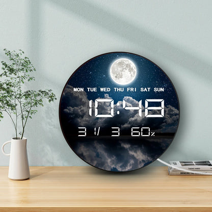 Night Sky with Stars Moon Clouds LED Digital Clock with Temperature Humidity Calendar Date Large Display Electronic Wall Clock