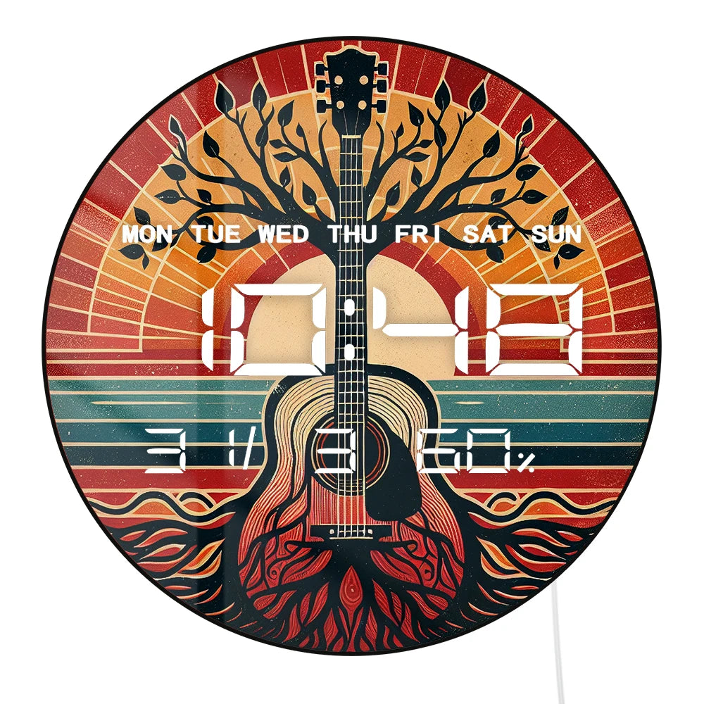 Acoustic Guitar Tree of Life LED Digital Wall Clock Multifunctional 12/24hour Electric Wall Clock with Calendar Date Temperature