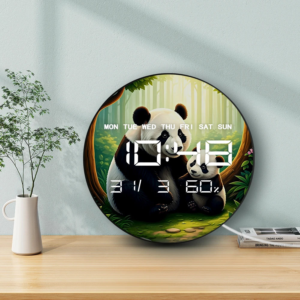 Panda Bear Family LED Digital Wall Clock Large Time Display Animal Home Decor Electronic Modern Wall Clock Housewarming Gift