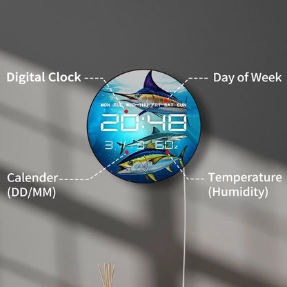 Shark Tuna Kingfish LED Digital Wall Clock with Calendar Date Temperature Atlantic Blue Marlin Art 12/24hr Electronic Wall Clock