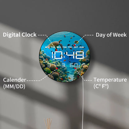 Under The Sea World Ocean LED Digital Wall Clock with Calendar Temperature Auto Dimming 12/24hr Format Electronic Wall Clock