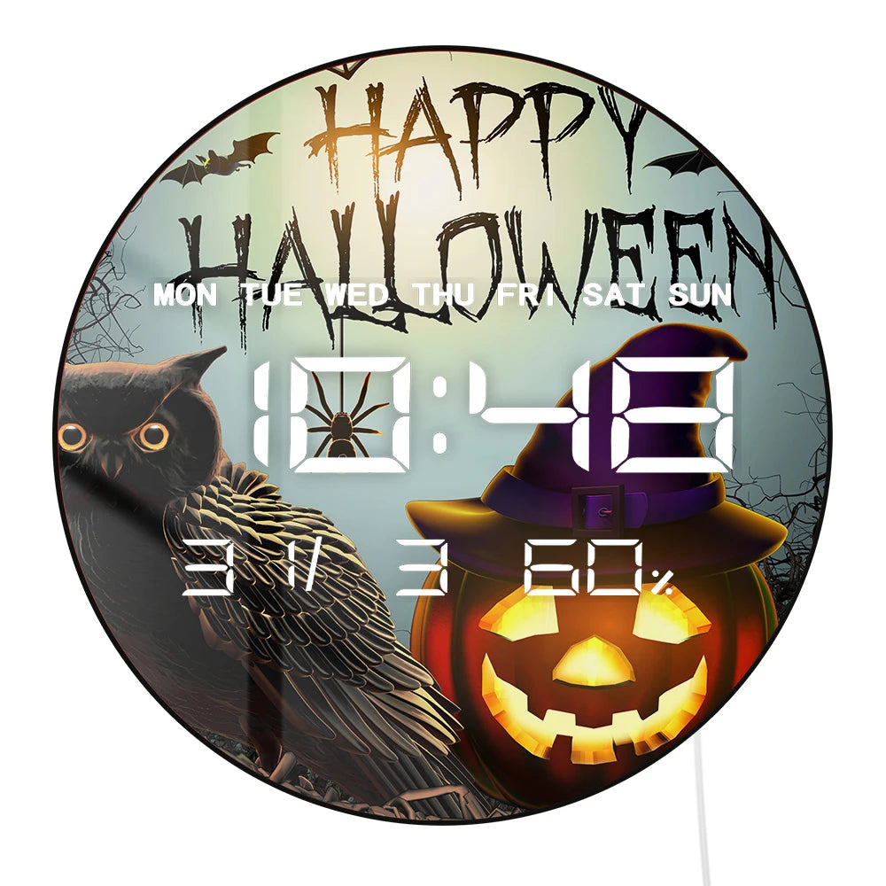 Halloween Owl Home Decor Electronic Wall Clock with Timer Calendar Date Temperature Auto Dimming  LED Digital Display Wall Clock