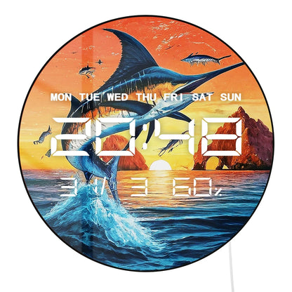 Fishing Blue Marlin LED Digital Clock Timer Jumping Sailfish Home Decor Multifunctional Electronic Wall Clock Fisherman's Gift