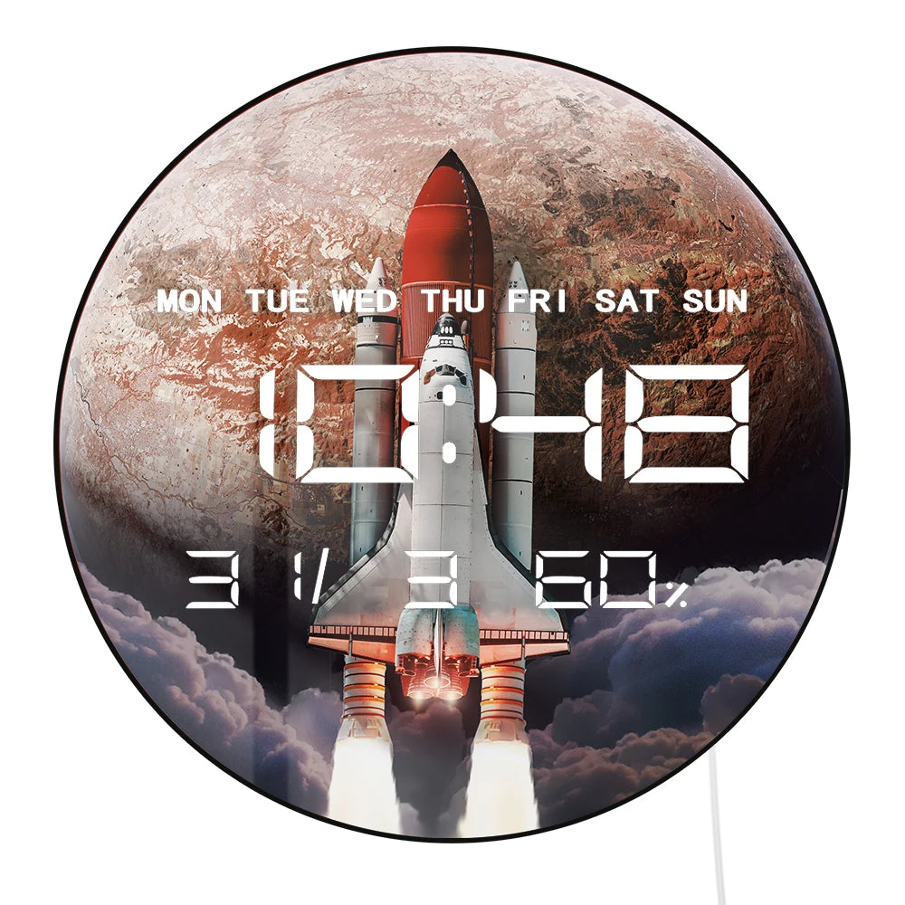 Space Shuttle with Red Planet Electronic Wall Clock Large Numeric Display Digital Clock with Humidity Calendar Date Temperature