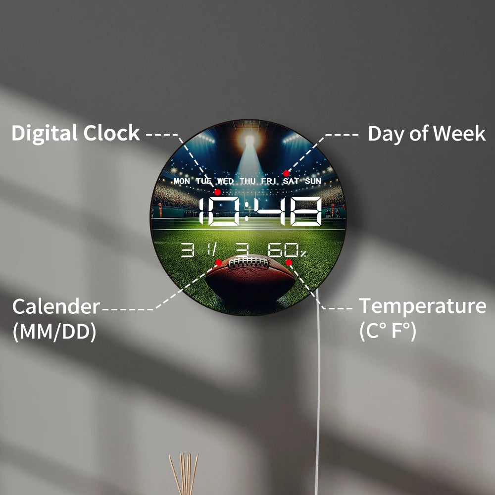 American Football Ball Digital Wall Clock with LED Display Calendar Temperature Auto Dimming 12/24hr Format Electric Wall Clock