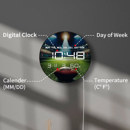 American Football Ball Digital Wall Clock with LED Display Calendar Temperature Auto Dimming 12/24hr Format Electric Wall Clock