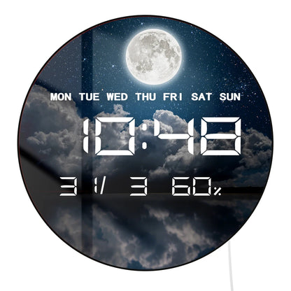 Night Sky with Stars Moon Clouds LED Digital Clock with Temperature Humidity Calendar Date Large Display Electronic Wall Clock