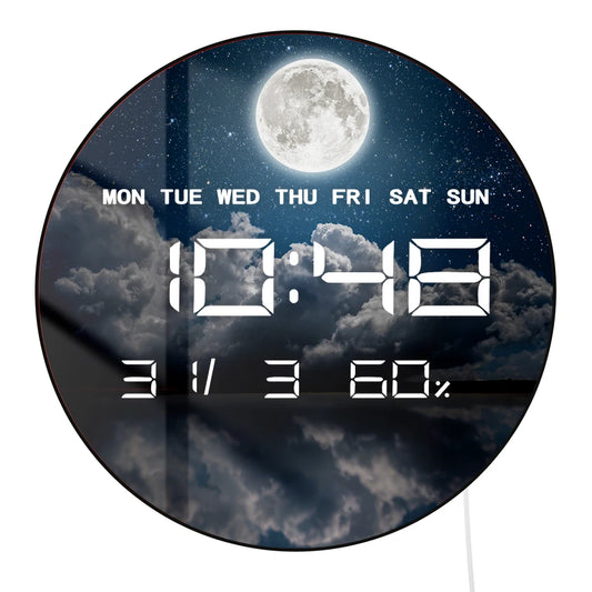 Night Sky with Stars Moon Clouds LED Digital Clock with Temperature Humidity Calendar Date Large Display Electronic Wall Clock