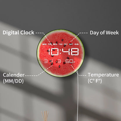 Sliced Watermelon Wall Clocks with Temperature Humidity Date Large Display Calendar Summer Fruit Home Decor Digital Wall Clock