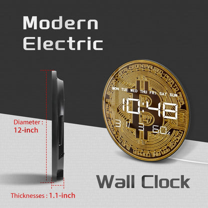 Golden Coin Bitcoin LED Digital Wall Clock For Finances Office Room Cryptocurrency BTC Symbol Art Electric Clock Wall Desk Use